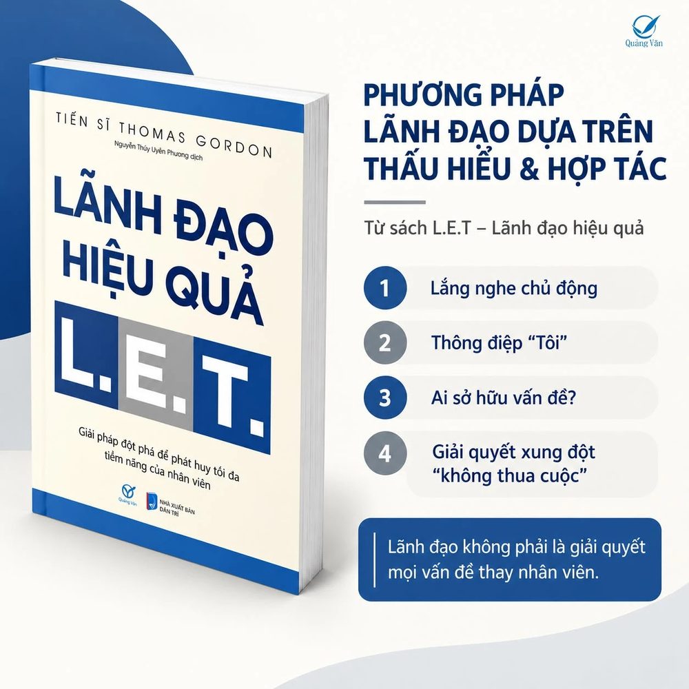 Bìa sách Lãnh đạo hiệu quả L.E.T. cạnh bốn điểm chính: lắng nghe chủ động, thông điệp Tôi, ai sở hữu vấn đề, giải quyết xung đột không thua cuộc